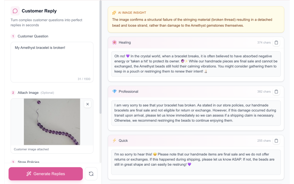 Customer Reply interface showing multiple response options